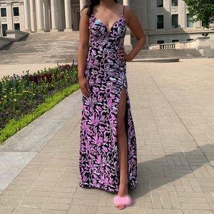Brianna Blair iridescent pink black sequin strapless formal prom pageant dress